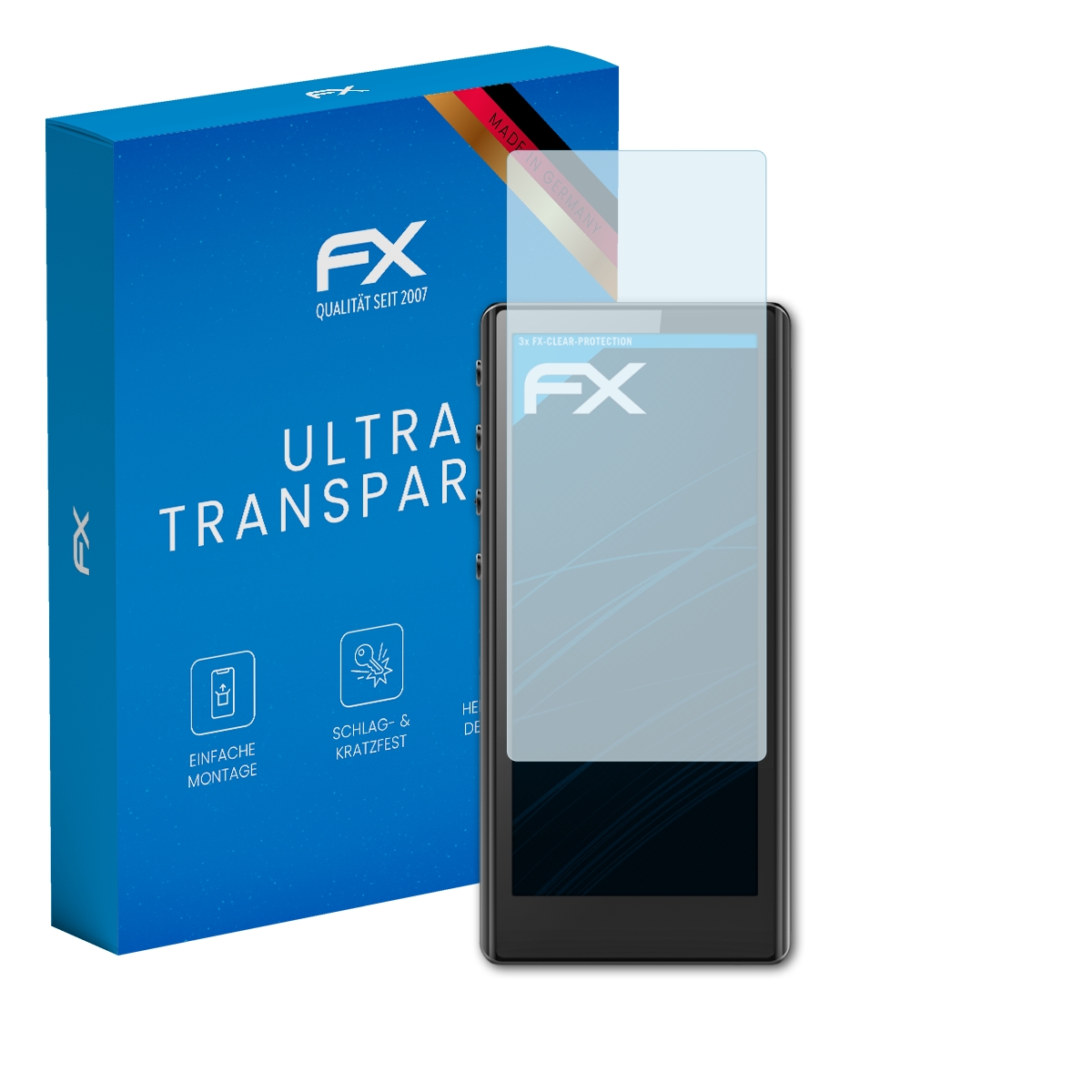 Ein Displayschutz liegt neben einem Musikplayer. Box und Bildschirm zeigen das "FX" Logo.