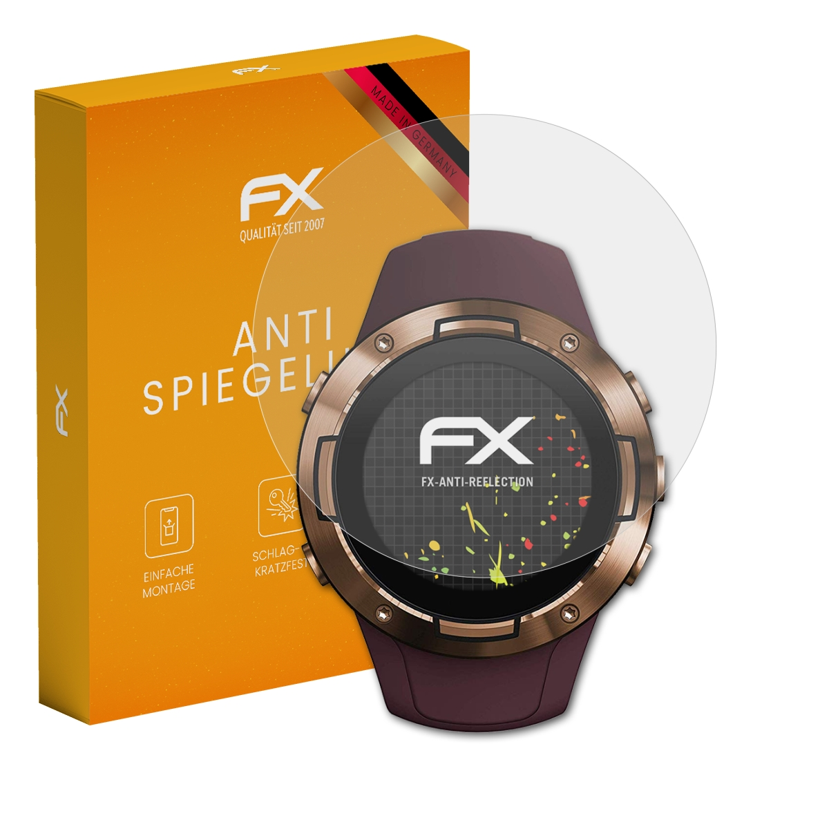 Smartwatch und Displayschutz. Orangefarbene Box mit FX-Logo. Braune Uhr, klarer Schutz.