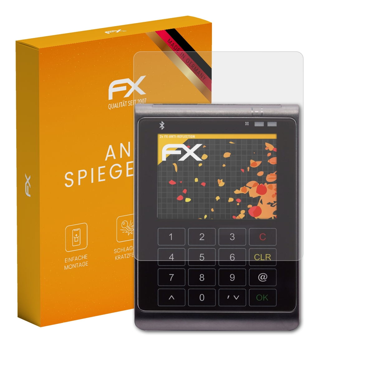 Orangefarbene Box mit Gerät. Es hat eine Displayschutzfolie. Gerät zeigt eine UI mit Zahlen. Box sagt FX, Anti, Spiegelung.