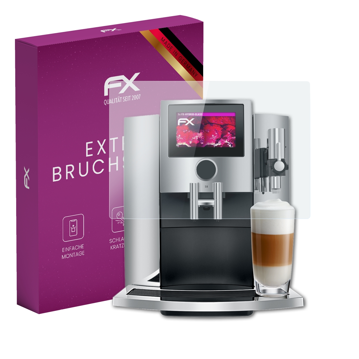 Kaffeemaschine mit Schutzglas, Box links. Glas zeigt einen Bildschirm und eine Latte Macchiato.