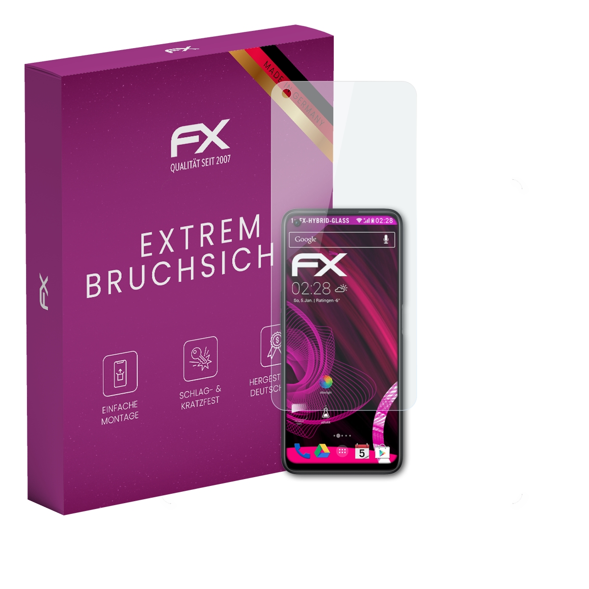 Eine lila Box und ein Telefon mit Displayschutz. Das Telefon zeigt die Uhrzeit und eine Google-Suchleiste.