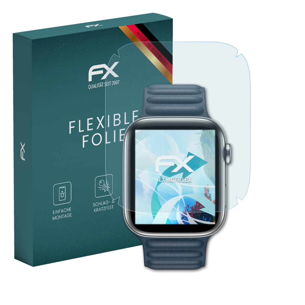 Box und Smartwatch mit Displayschutz. Die Uhr ist auf einem blauen Armband.