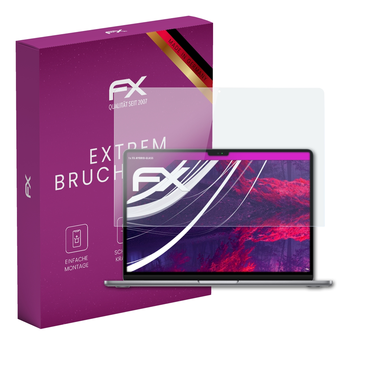 Ein Displayschutz wird über einen Laptop gelegt, im Hintergrund befindet sich eine lila Box.