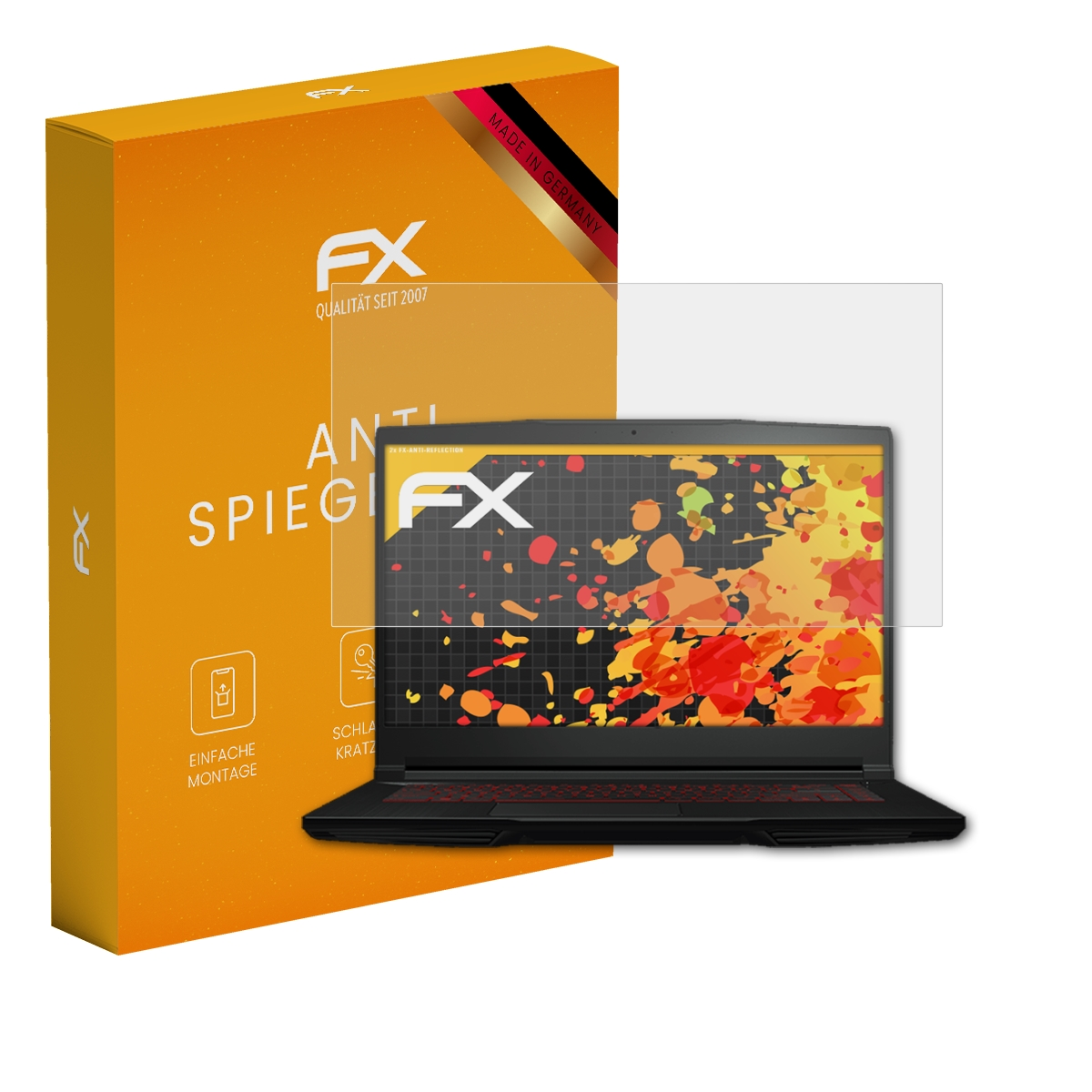 Laptop mit Displayschutzfolie neben einer orangefarbenen Box mit FX-Logo und Text.