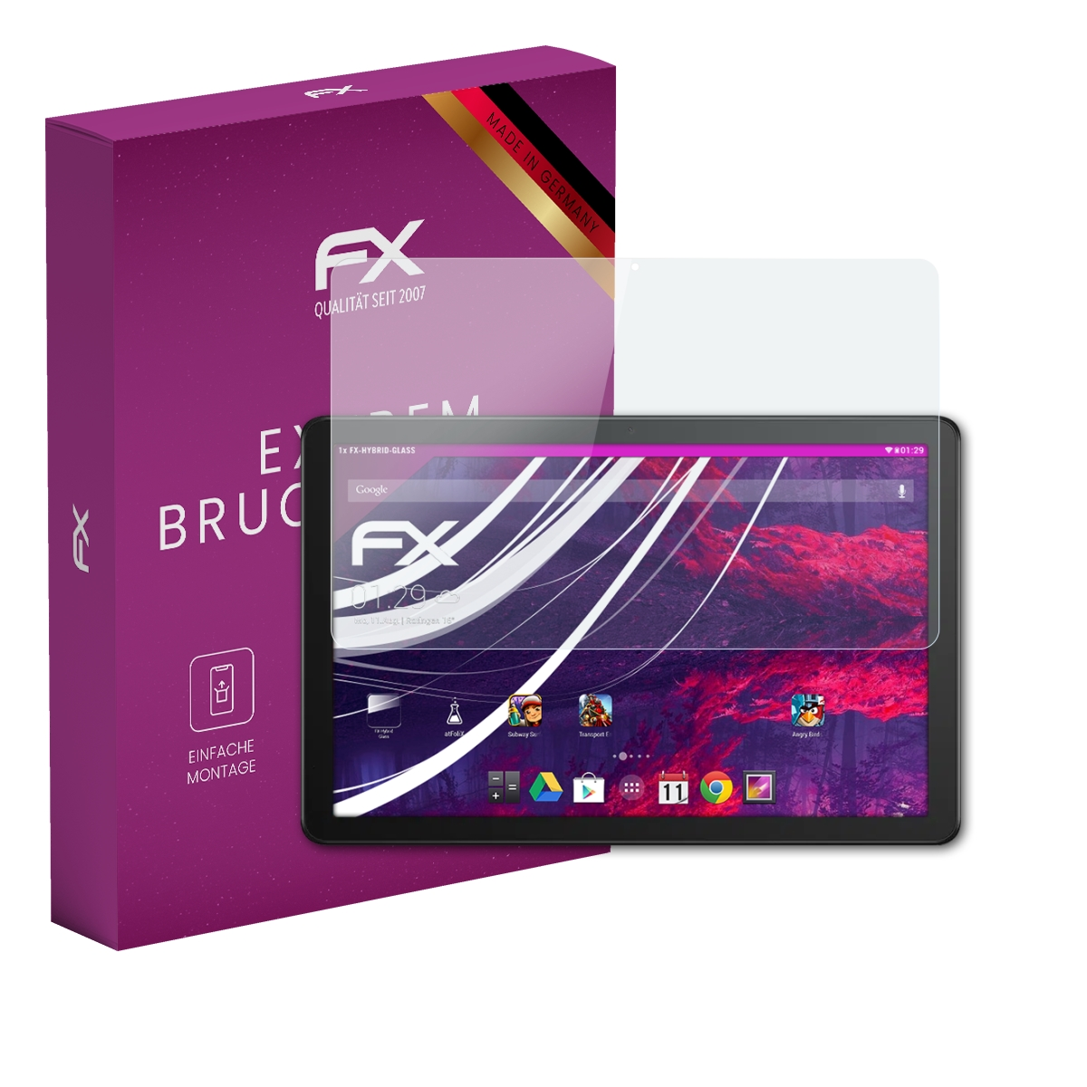 Tablet mit Displayschutz. Box mit Produktinfo links. Klarer Displayschutz und Tablet rechts.