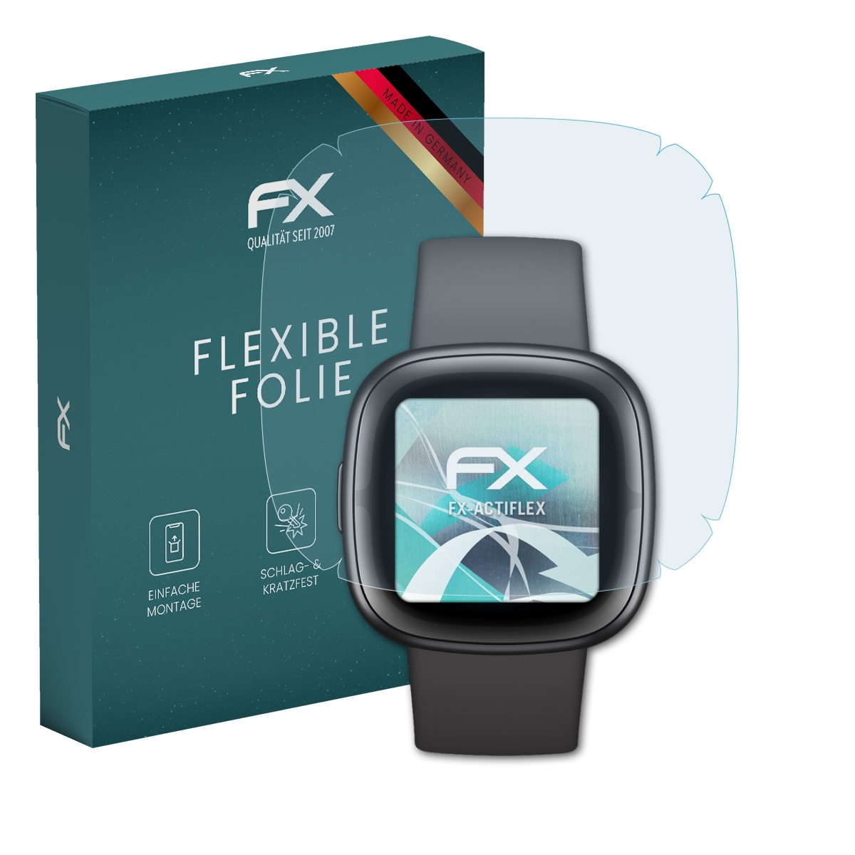 Smartwatch mit Displayschutz, Box mit 'Flexible Folie'-Text.