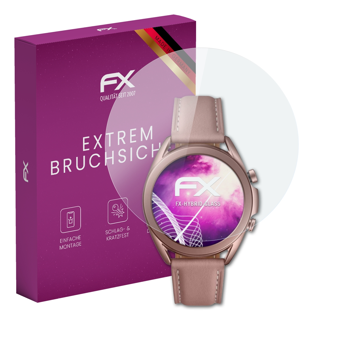 Roségoldene Smartwatch mit Displayschutzfolie und Box. Die Box hat einen pinken Hintergrund mit weißem Text. Made in Germany.