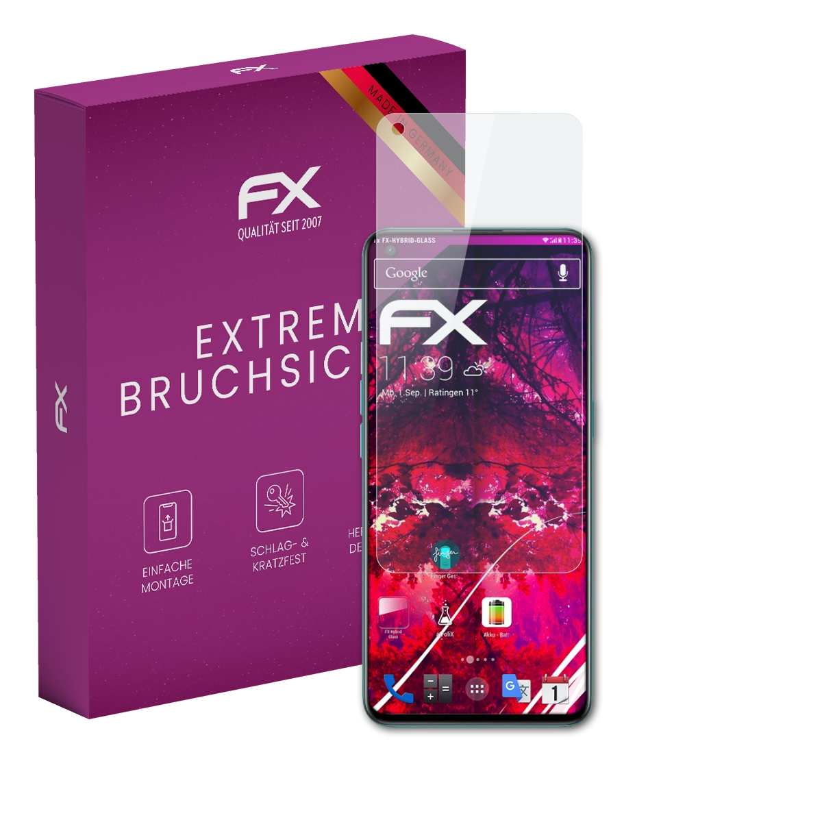 Smartphone mit Displayschutzfolie und Box.