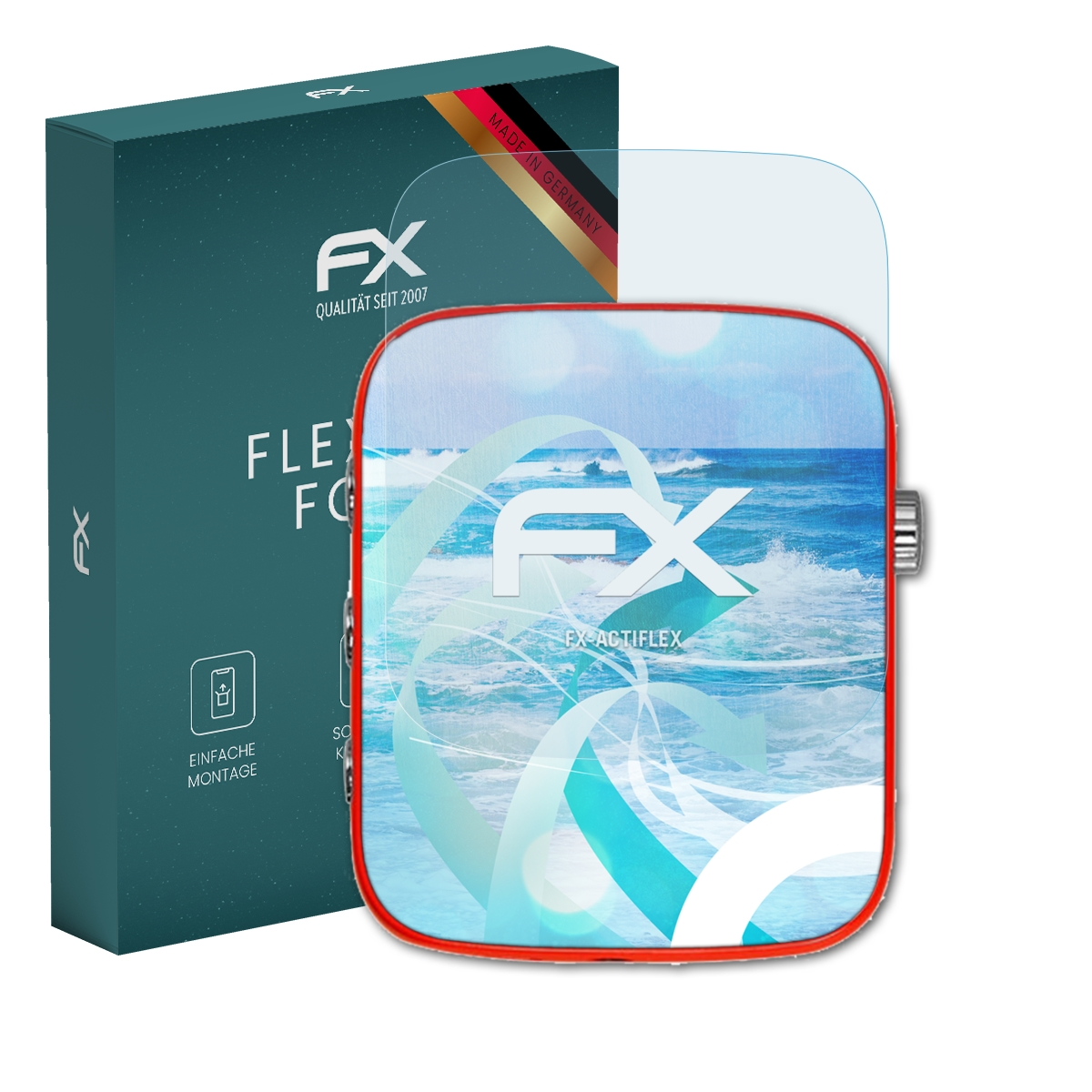 Eine Uhr und eine Displayschutzfolie befinden sich neben einer grünen Box mit weißem Text.