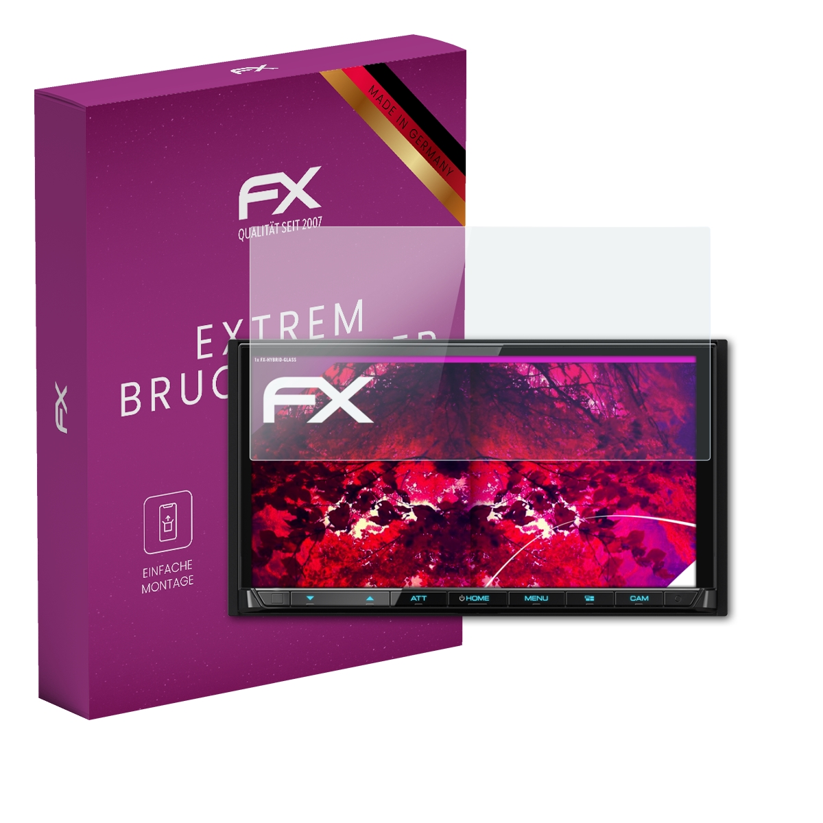 Ein Auto-Multimedia-Bildschirm mit Displayschutz, eine Box mit FX-Logo.