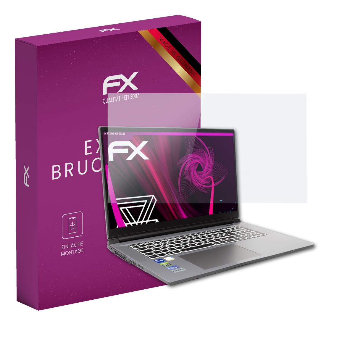 Laptop, Displayschutzfolie und Box. Die Box ist lila und hat das FX-Logo. Der Schutz ist transparent.