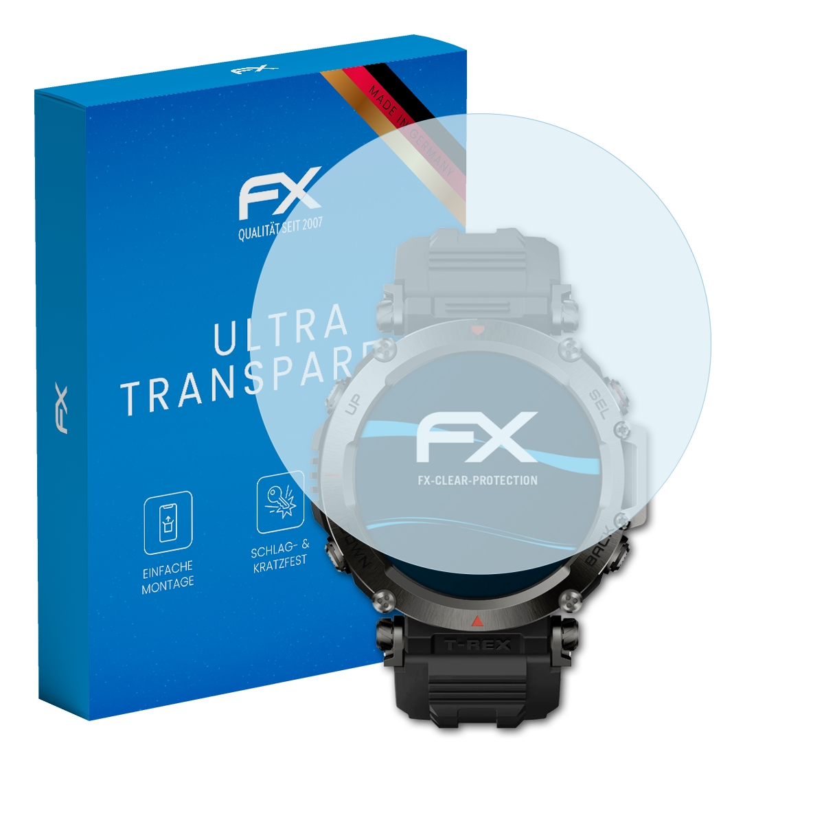 Eine Smartwatch mit Displayschutz und eine Produktbox.