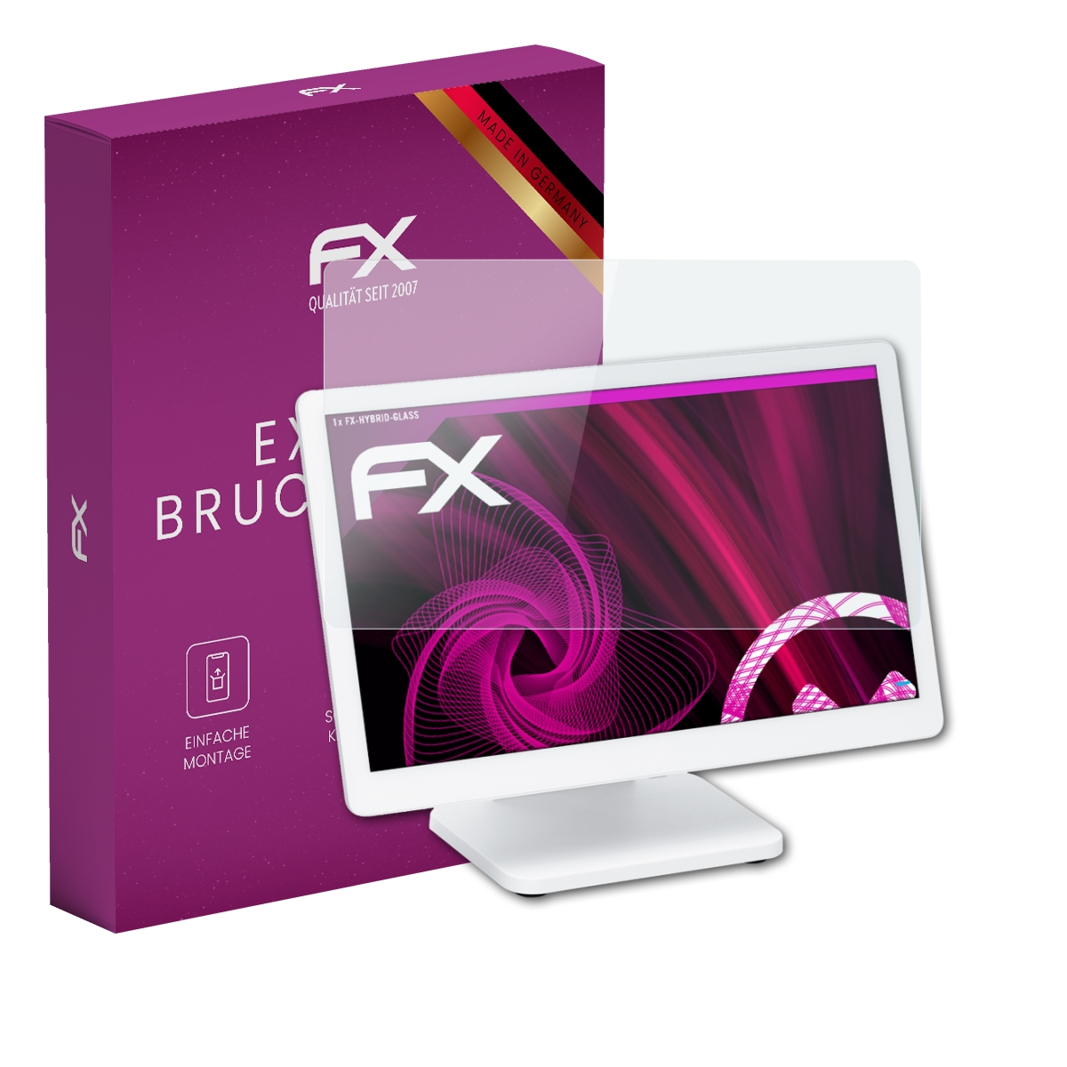 Lila Box und ein Monitor mit Displayschutz.