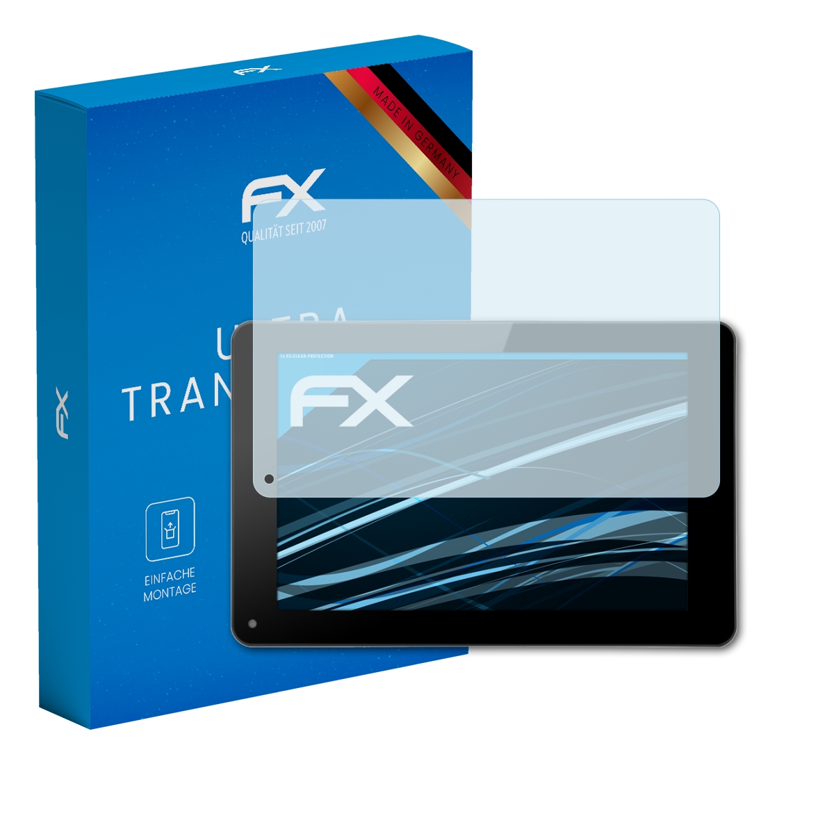 Blaue Schachtel und Displayschutzfolie über einem Tablet. Auf der Schachtel steht 'FX' und 'TRANSPAR'.