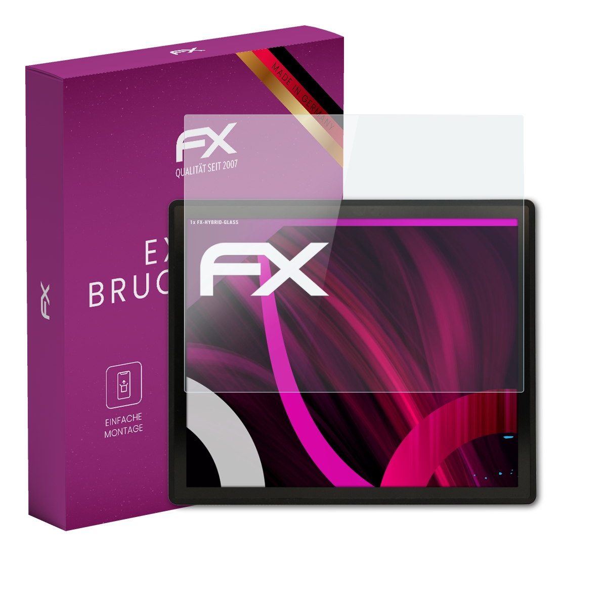 Tablet mit Displayschutz, neben lila Box mit 'FX', 'Made in Germany'.