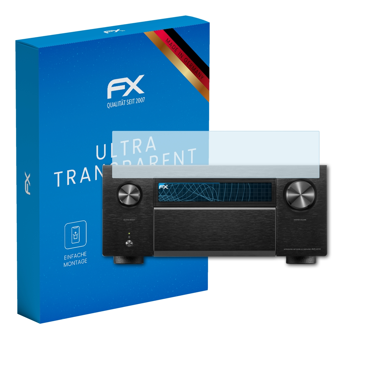 Blaue Box mit FX-Logo, Audio-Receiver und Displayschutz. Receiver hat Knöpfe.