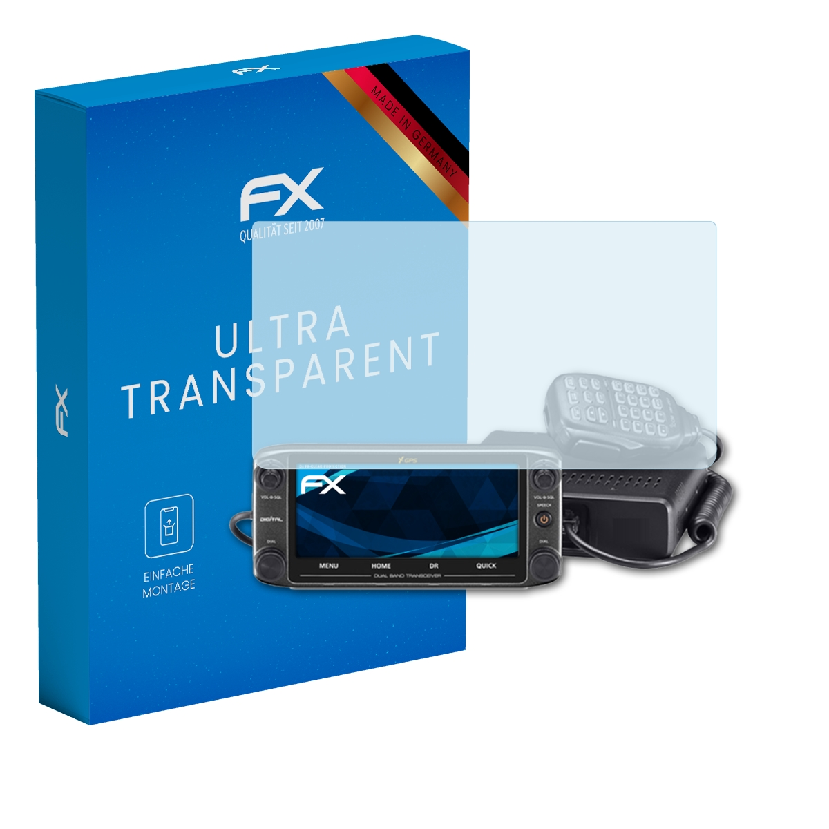 Blaue Schachtel mit Displayschutz und Funkgerät. Auf der Schachtel steht FX Ultra Transparent.