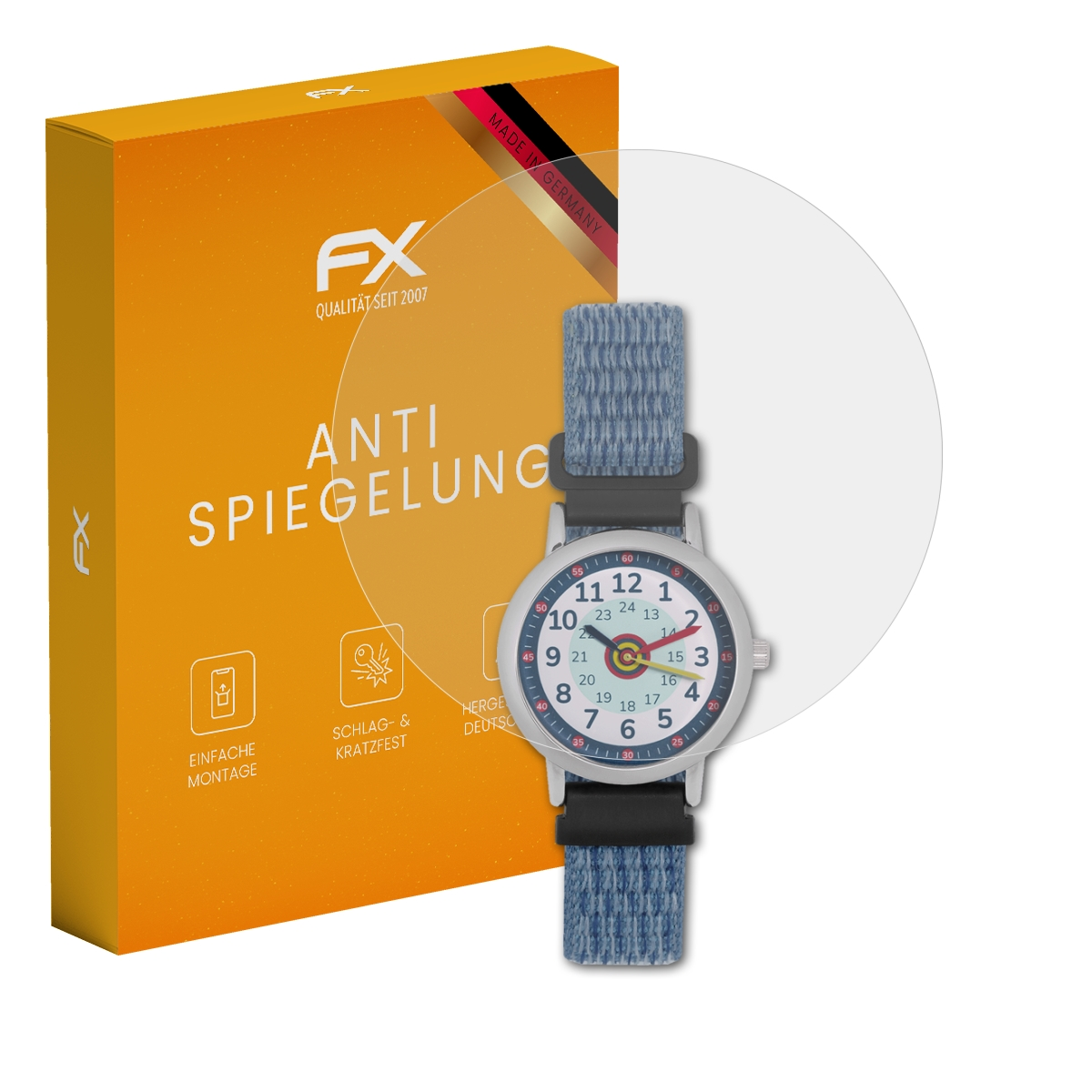 Ein Displayschutz ist über einer Uhr platziert, mit einer blauen Box im Hintergrund.