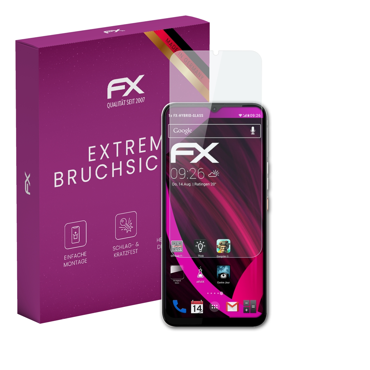 Ein schwarzes Telefon und Displayschutzfolie liegen neben einer lila Box. Auf der Box steht 'Extreme Bruchsic'.