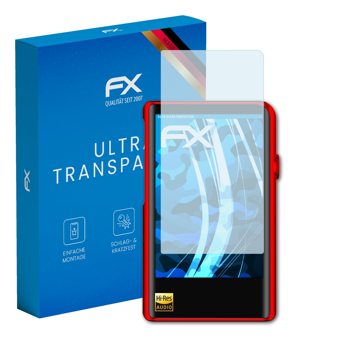 Musik-Player mit Displayschutz und Box. Der Bildschirm ist rot, mit einer transparenten Abdeckung.