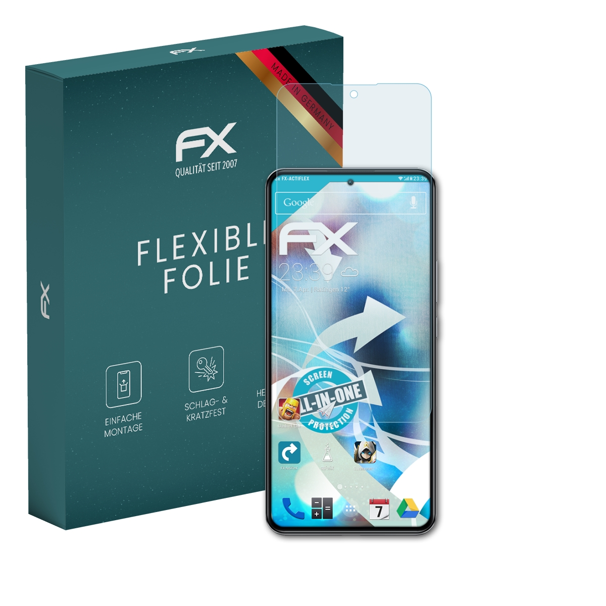 Smartphone mit Displayschutzfolie, zeigt App-Icons, und eine blaue Box mit 'FX' Logo.