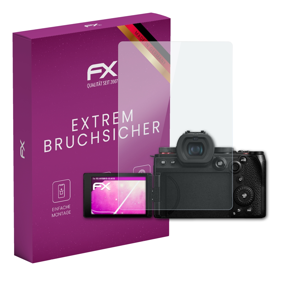 Eine lila Box und eine Kamera mit Displayschutz. Schutz und Box haben ein FX-Logo.