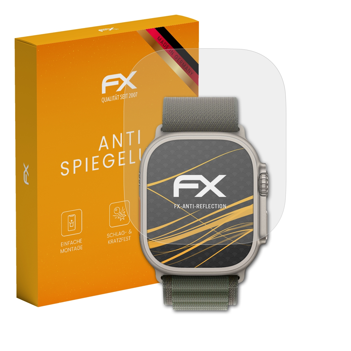 Smartwatch mit Displayschutz und orangefarbener Box mit Text und Logo.