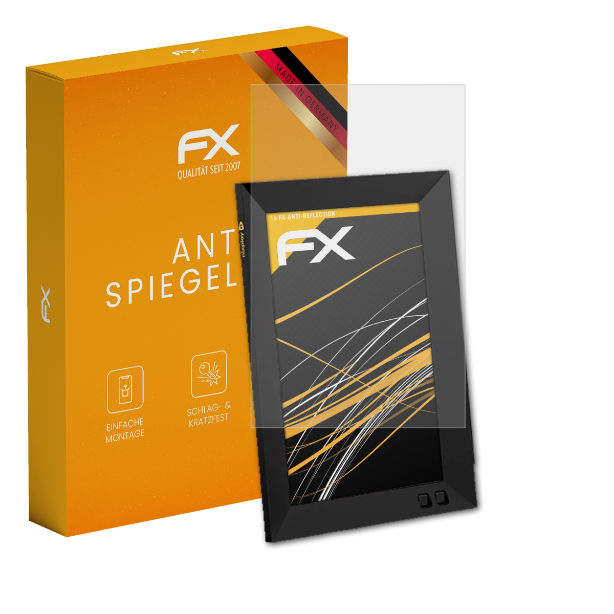 Ein E-Reader mit Displayschutzfolie neben einer Produktbox. Die Box ist orange.