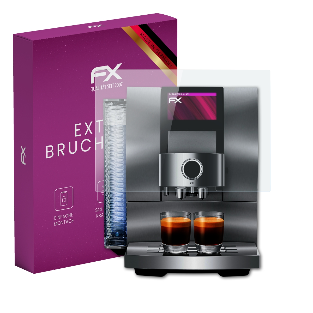 Kaffeemaschine und Displayschutz mit Box. Die Maschine ist silber, die Box ist violett.