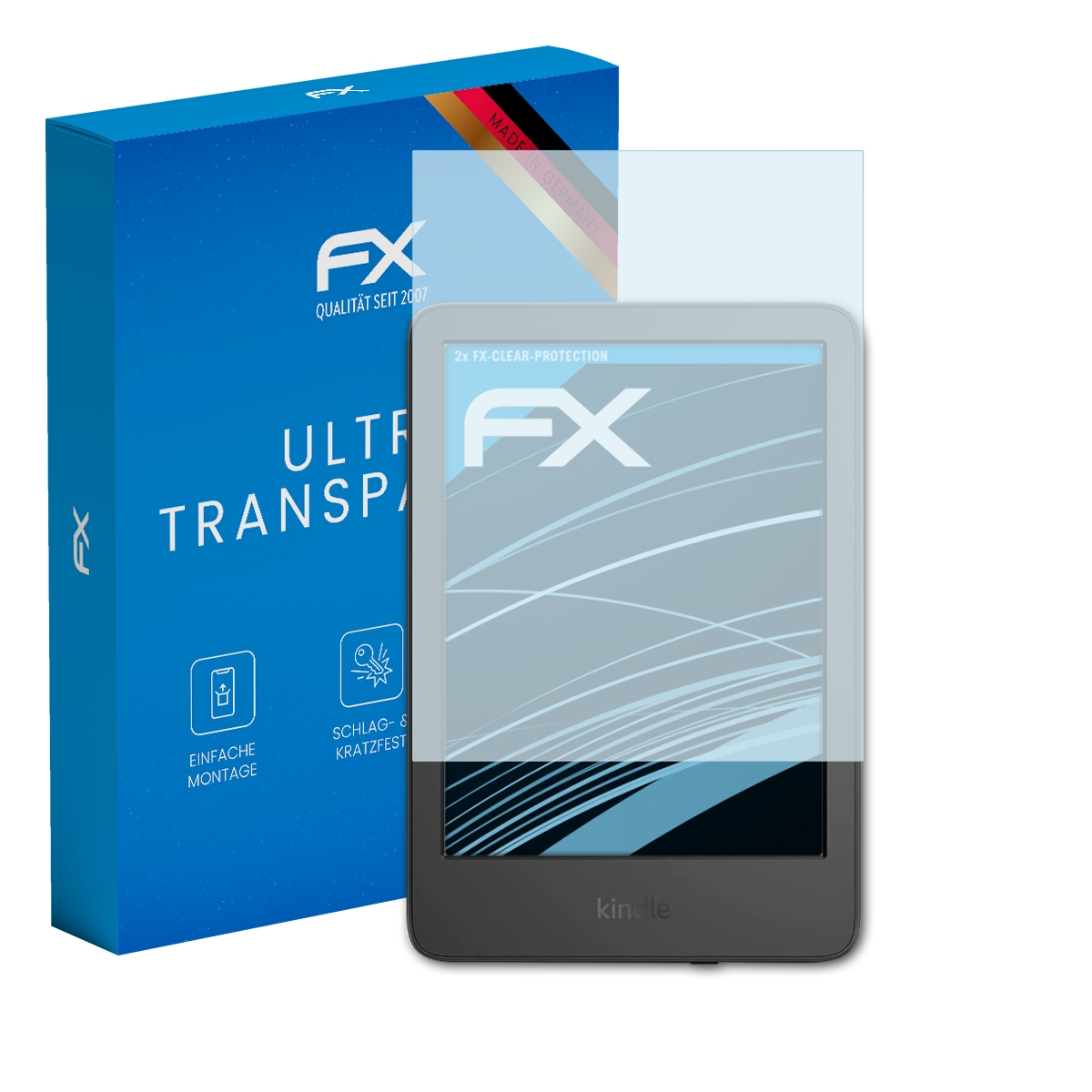 Ein Gerät und ein Displayschutz sind abgebildet. Auf der Box steht 'FX' und 'Ultra Transparent'.