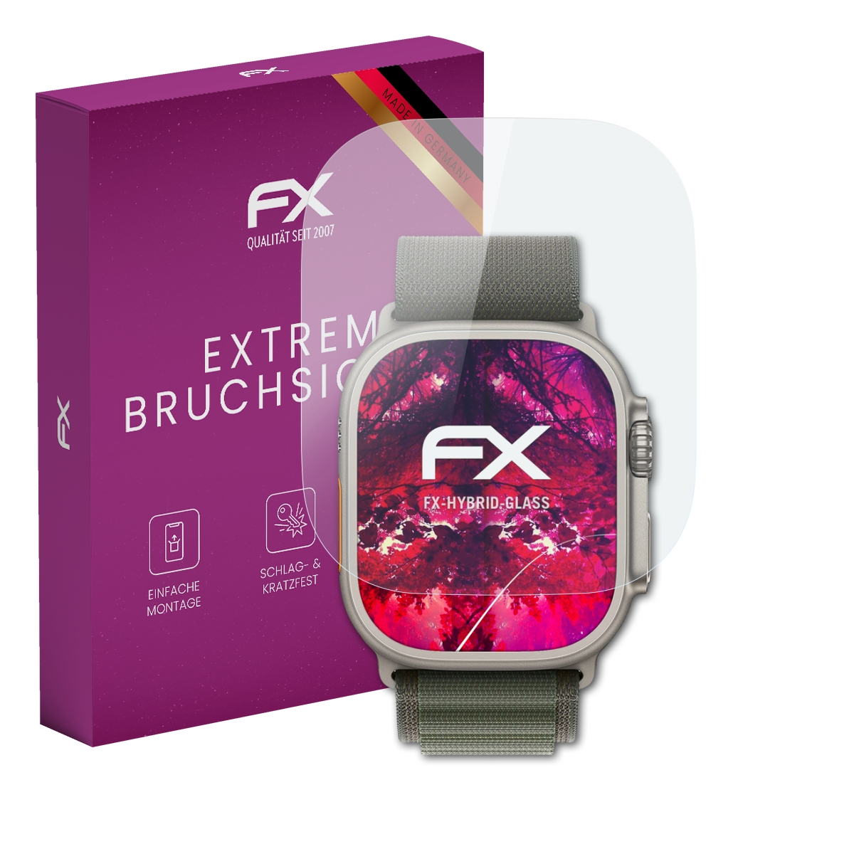 Smartwatch mit Displayschutzfolie neben einer lilafarbenen Box. Die Uhr hat ein graues Band und ein rotes Display.