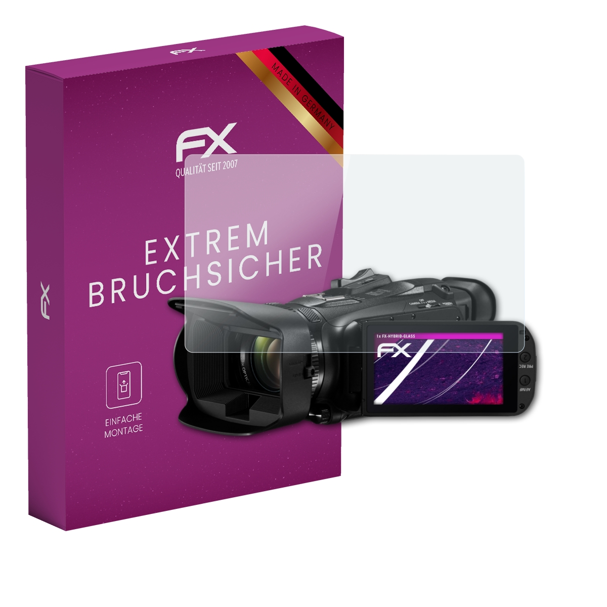 Eine Videokamera mit Displayschutz und lila Box. Kamerabildschirm zeigt Aufnahmeoberfläche.
