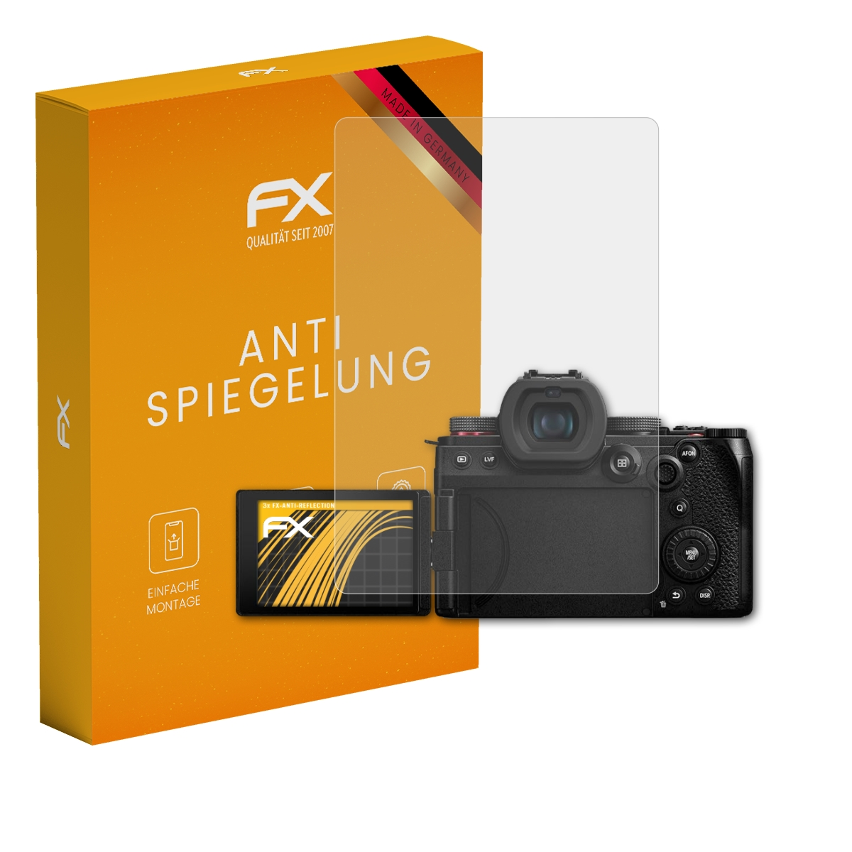 Kamera mit Displayschutzfolie, Box mit Text und Logos.