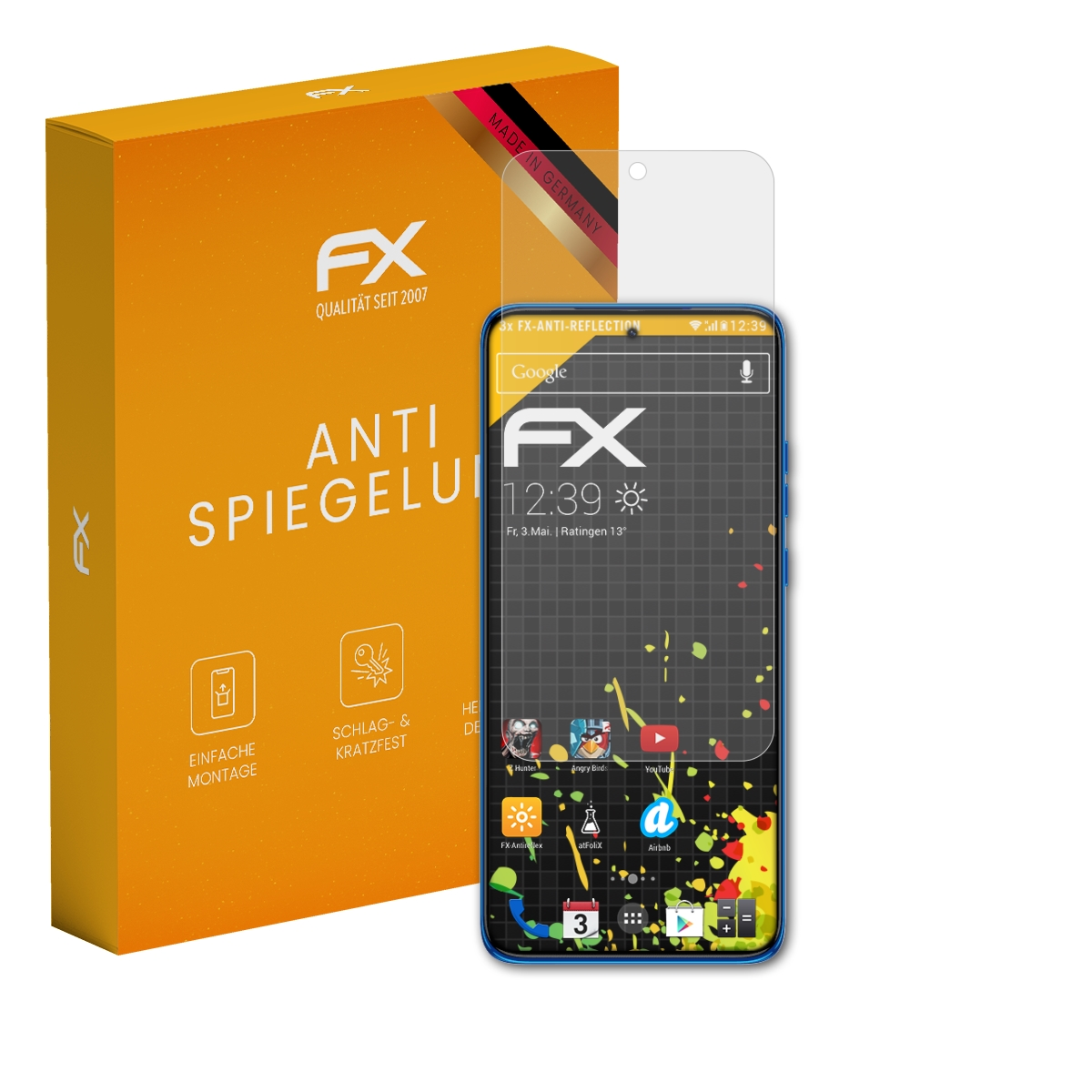 Ein Displayschutz und seine Box. Der Schutz befindet sich auf einem Telefon, das Apps zeigt.