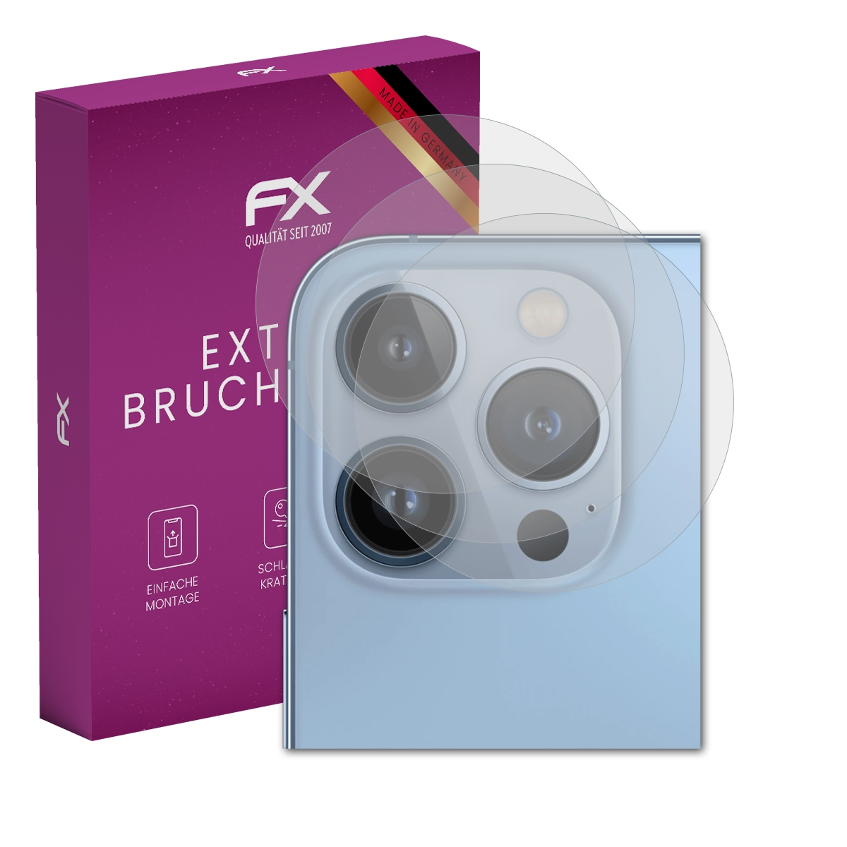 Blaues iPhone mit Kameraschutz, neben einer lila Box mit Markendetails.