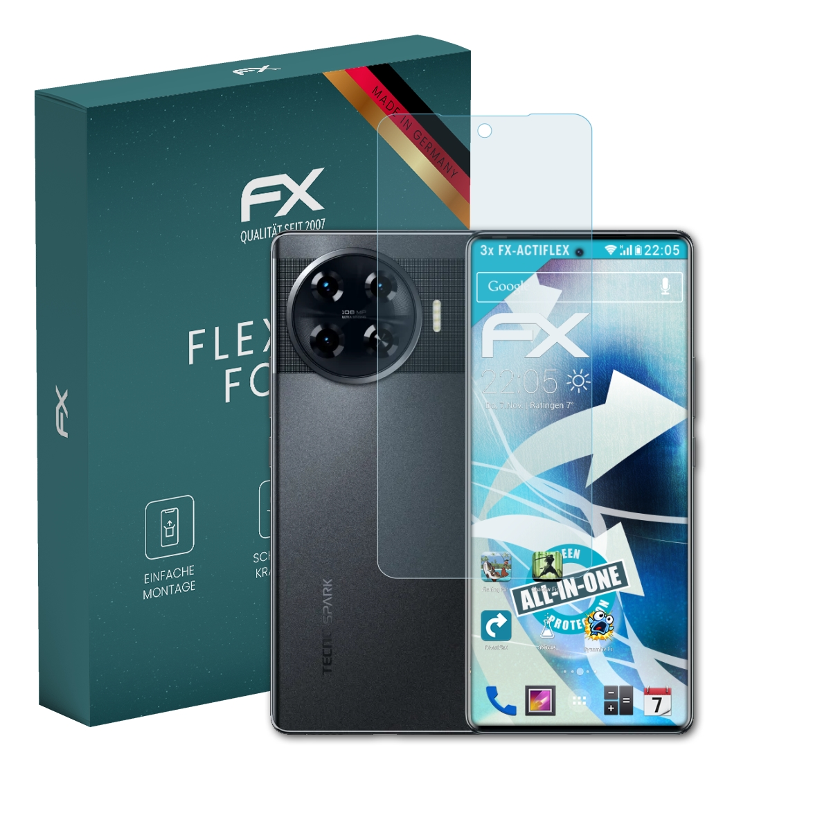 Blaue Box, Smartphone und Displayschutzfolie. Die Box sagt FLEX FC. Das Telefon zeigt Display mit FX-Logo.