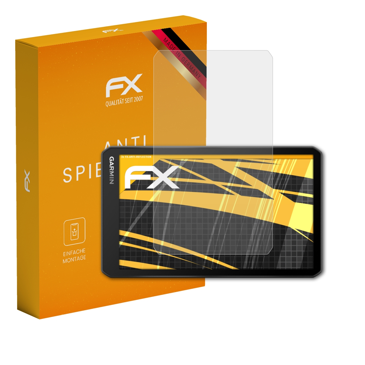 Orangefarbene Box, Displayschutzfolie und ein Garmin-Gerät. Schutz hat ein FX-Logo, Garmin-Gerät im Display.