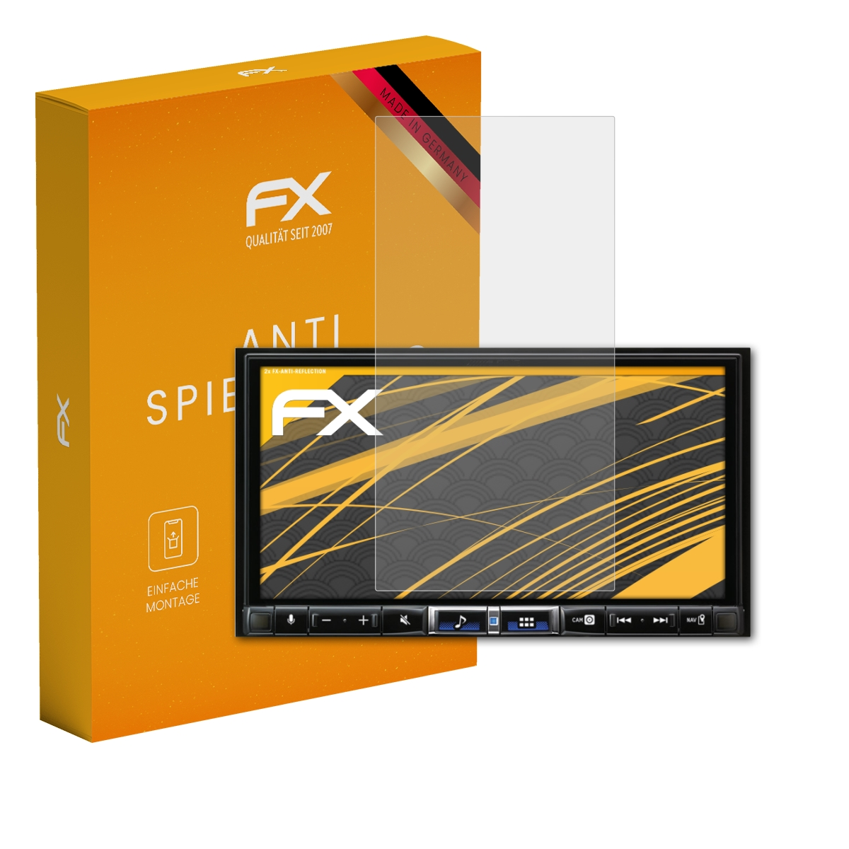 Autoradio mit Displayschutz und einer orangefarbenen Box mit Markenlogo. Weißer Hintergrund.