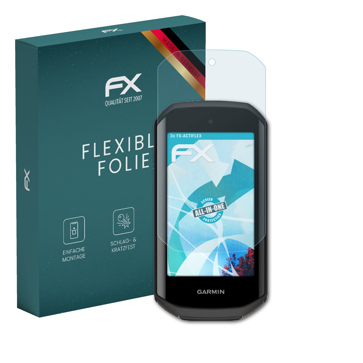 Ein Garmin-Gerät mit Displayschutz, einer Box und dem FX-Logo. Es hat einen Displayschutz.