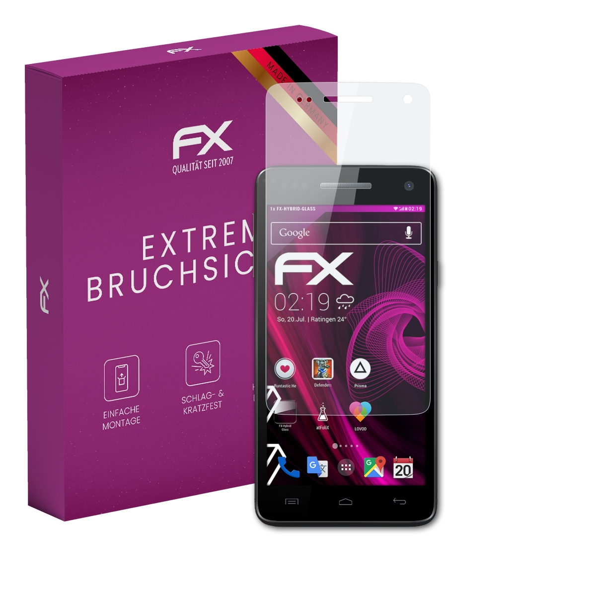 Ein Smartphone mit Displayschutzfolie neben einer lila Box mit Text und Logos.