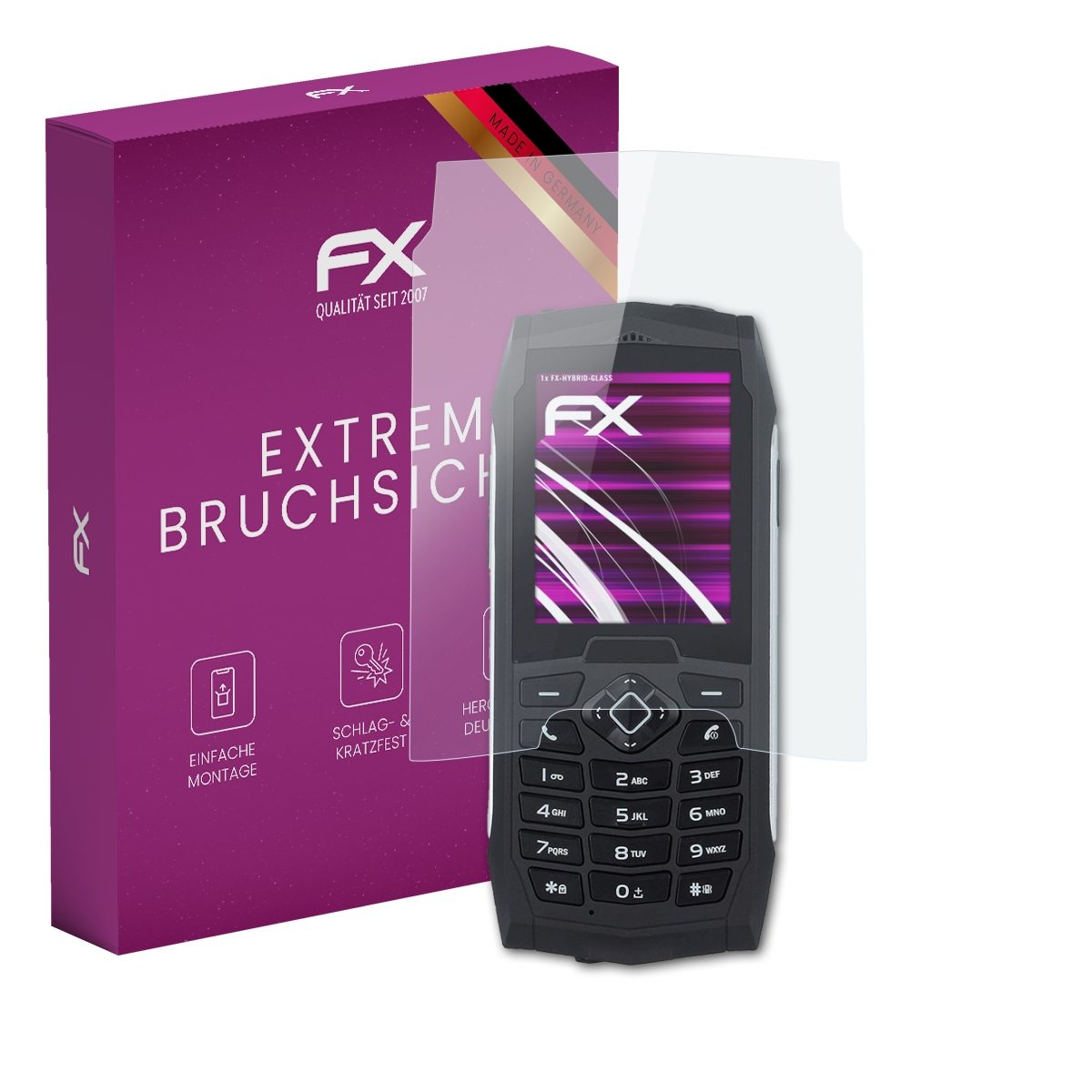 Eine lila Box mit einem Telefon und Displayschutz.