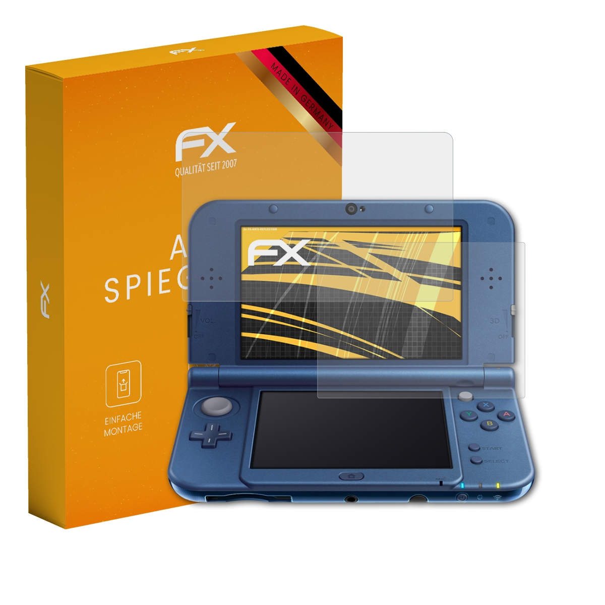 Blauer Nintendo 3DS mit Displayschutz und orangefarbene Box mit 'A Spiegel'.