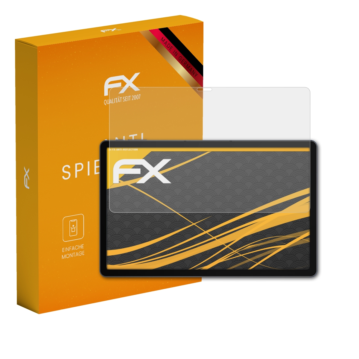Tablet mit Displayschutzfolie, FX-Logo und Verpackung. Bildschirm zeigt Grafik mit gelben Linien.