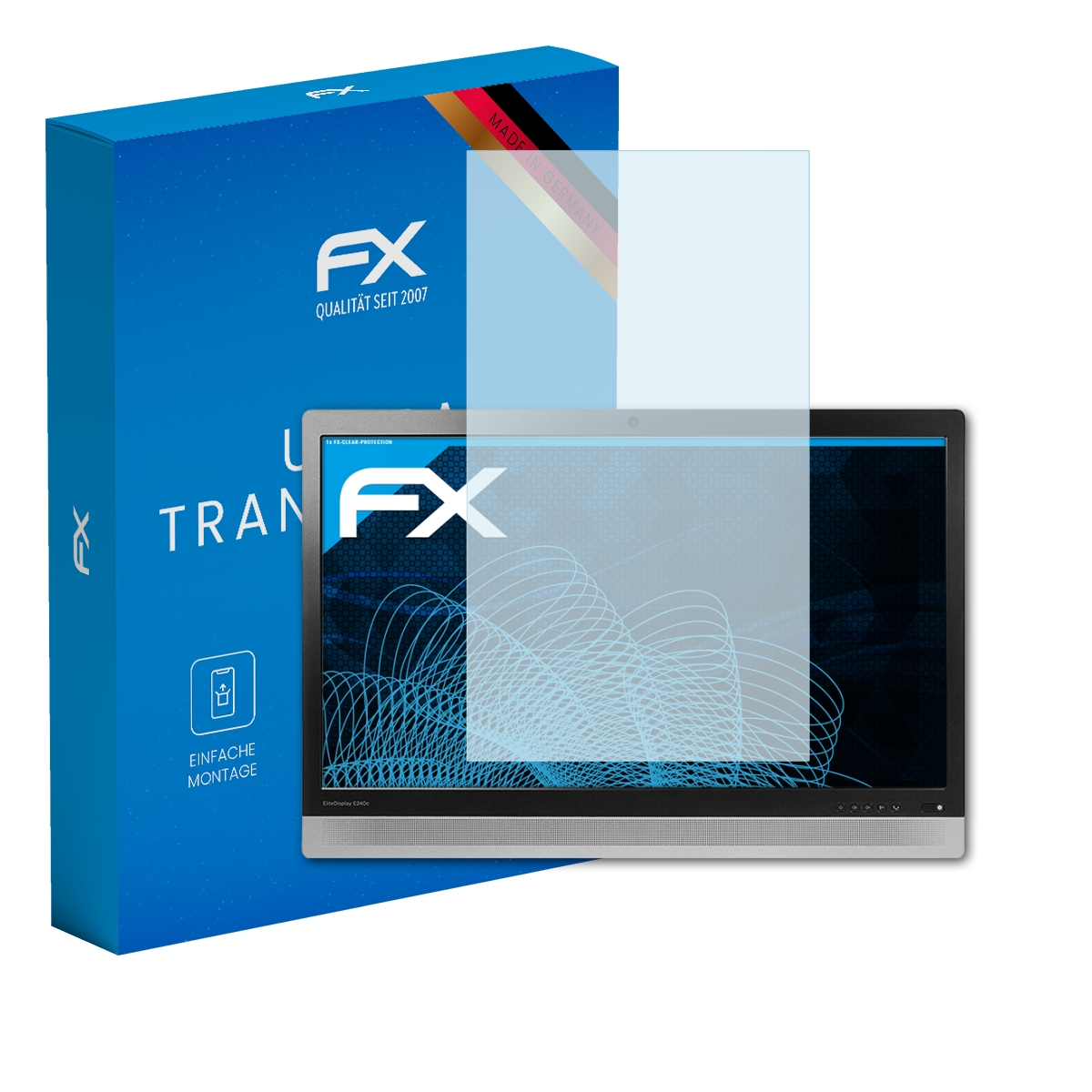Displayschutz und Box. Der Displayschutz befindet sich auf einem Monitor. Die Box ist blau und sagt 'ULTRA TRANSPAR'.