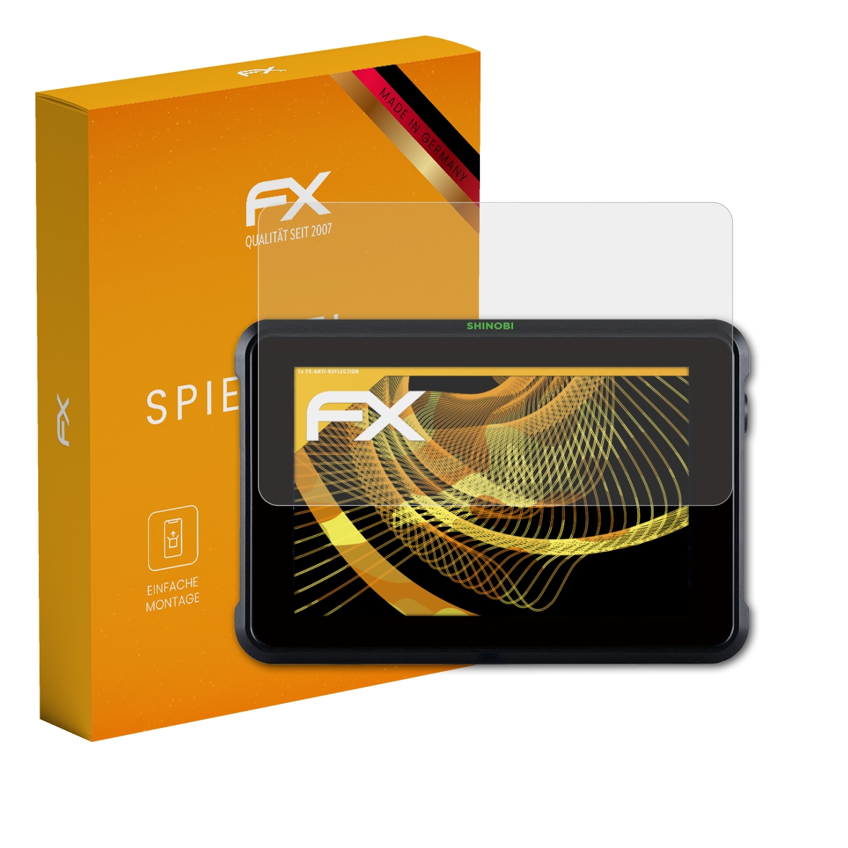 Eine Displayschutzbox und ein Displayschutz über einem Tablet.