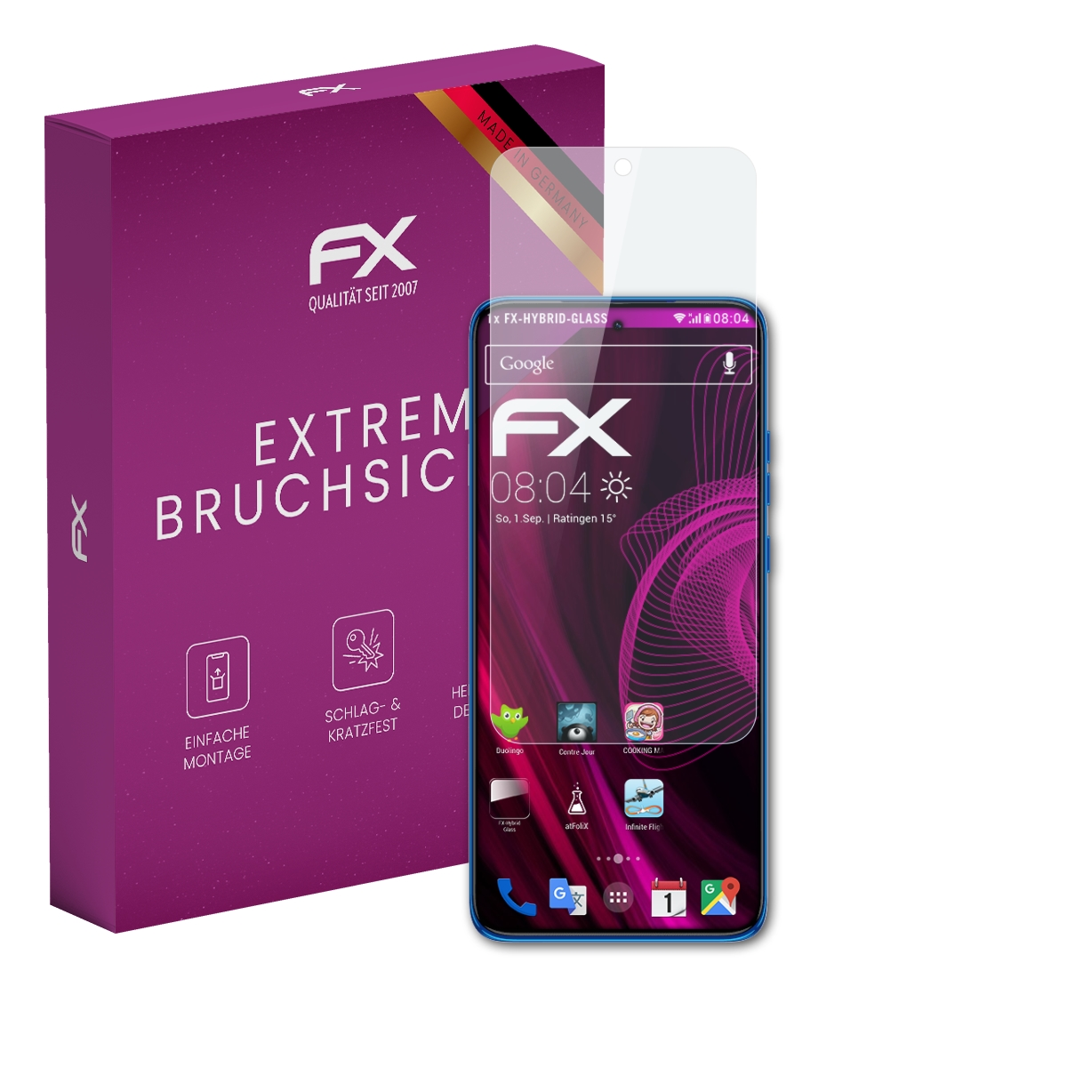 Smartphone mit Displayschutz. Die Schachtel ist lila mit weißem Text und einem kleinen FX-Logo.