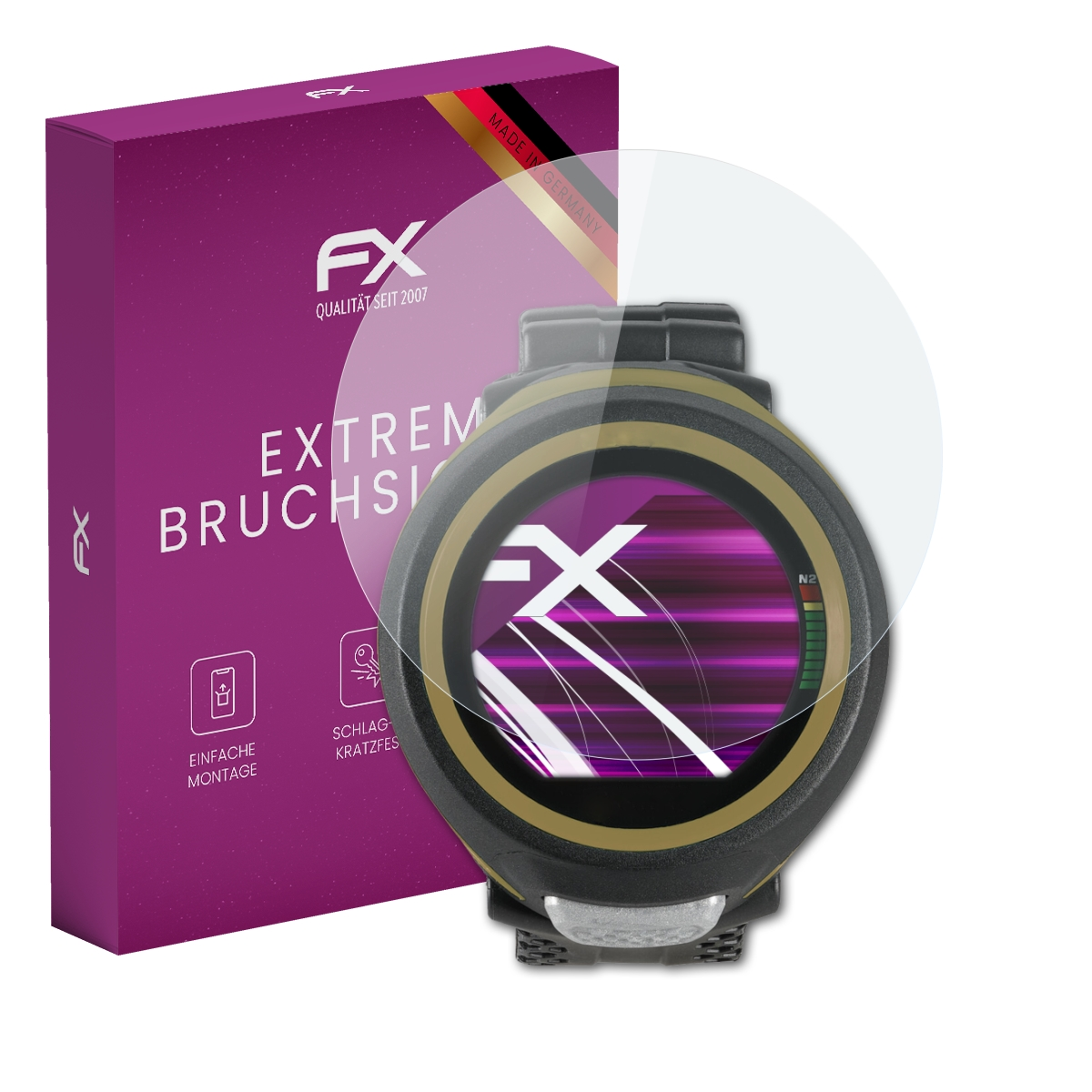 Lila Box mit Displayschutz und einer schwarz-goldenen Smartwatch.