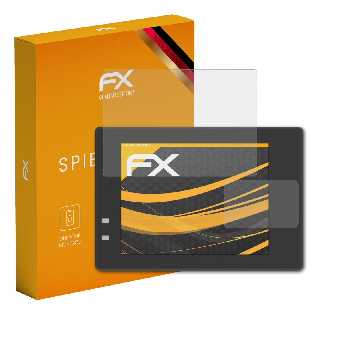 Gerät mit Displayschutzfolie und gelber Box. Die Box sagt FX ANTI SPIEGEL.