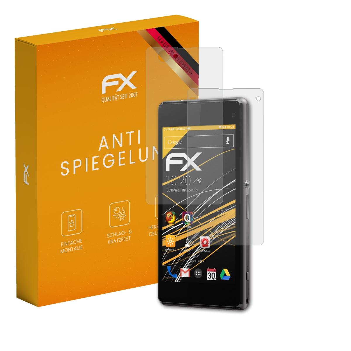 Smartphone mit Displayschutz, Box links, Text 'ANTI SPIEGELUNG' und Logo.