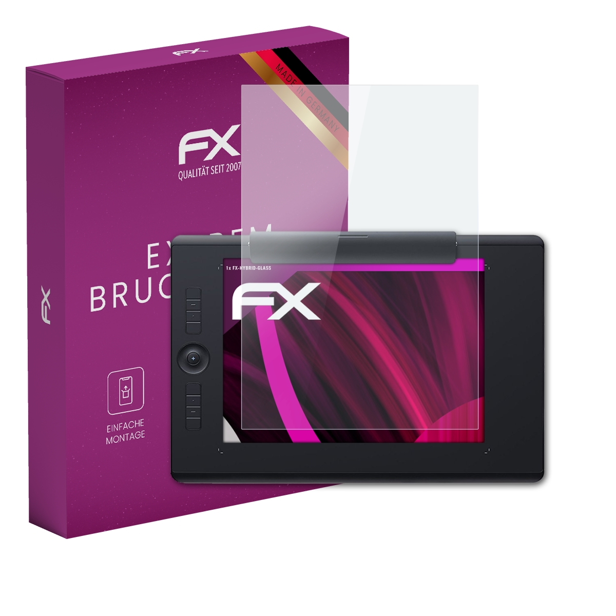 Tablet mit Displayschutz, lila Box mit FX-Logo und klarer Displayschutzfolie.
